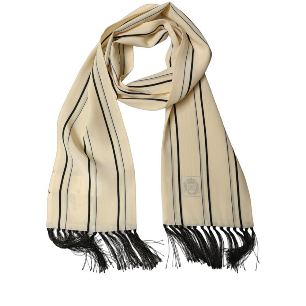 Dolce & Gabbana Beige Silk Striped Fringed Neck Shawl Men's Scarf